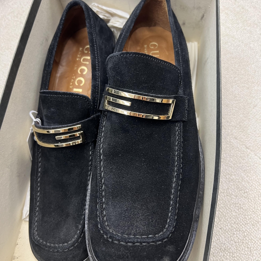 Gucci WOMENS Black Suede Loafers with Gold Accents